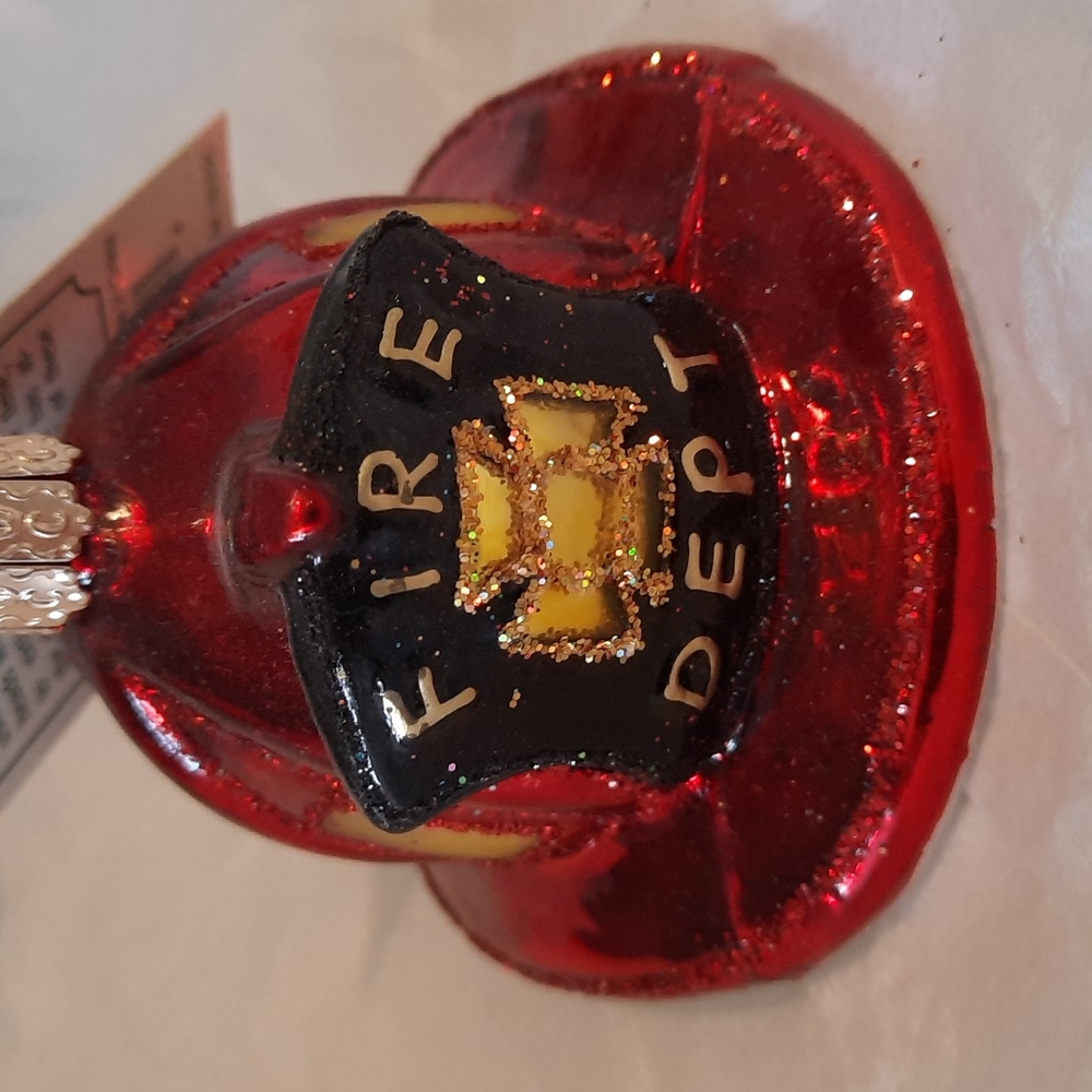 Fireman's Helmet Old World Christmas Glass Ornament Firefighter Firemen NWT
